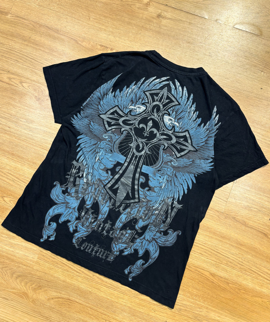Revolution Vintage Couture Blue and Black Gothic Rhinestones Tee
