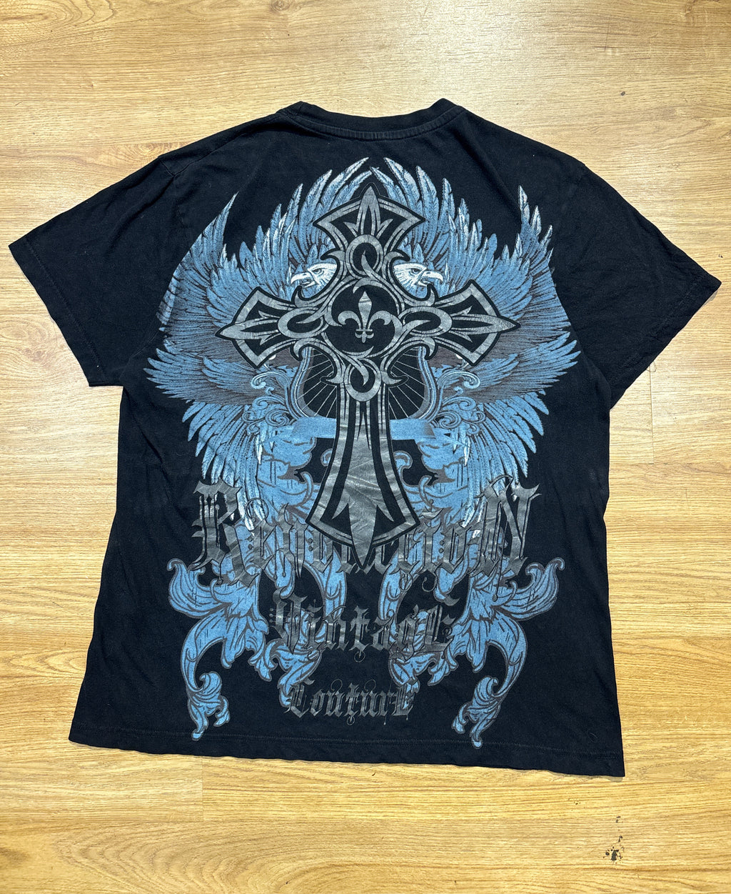 Revolution Vintage Couture Blue and Black Gothic Rhinestones Tee