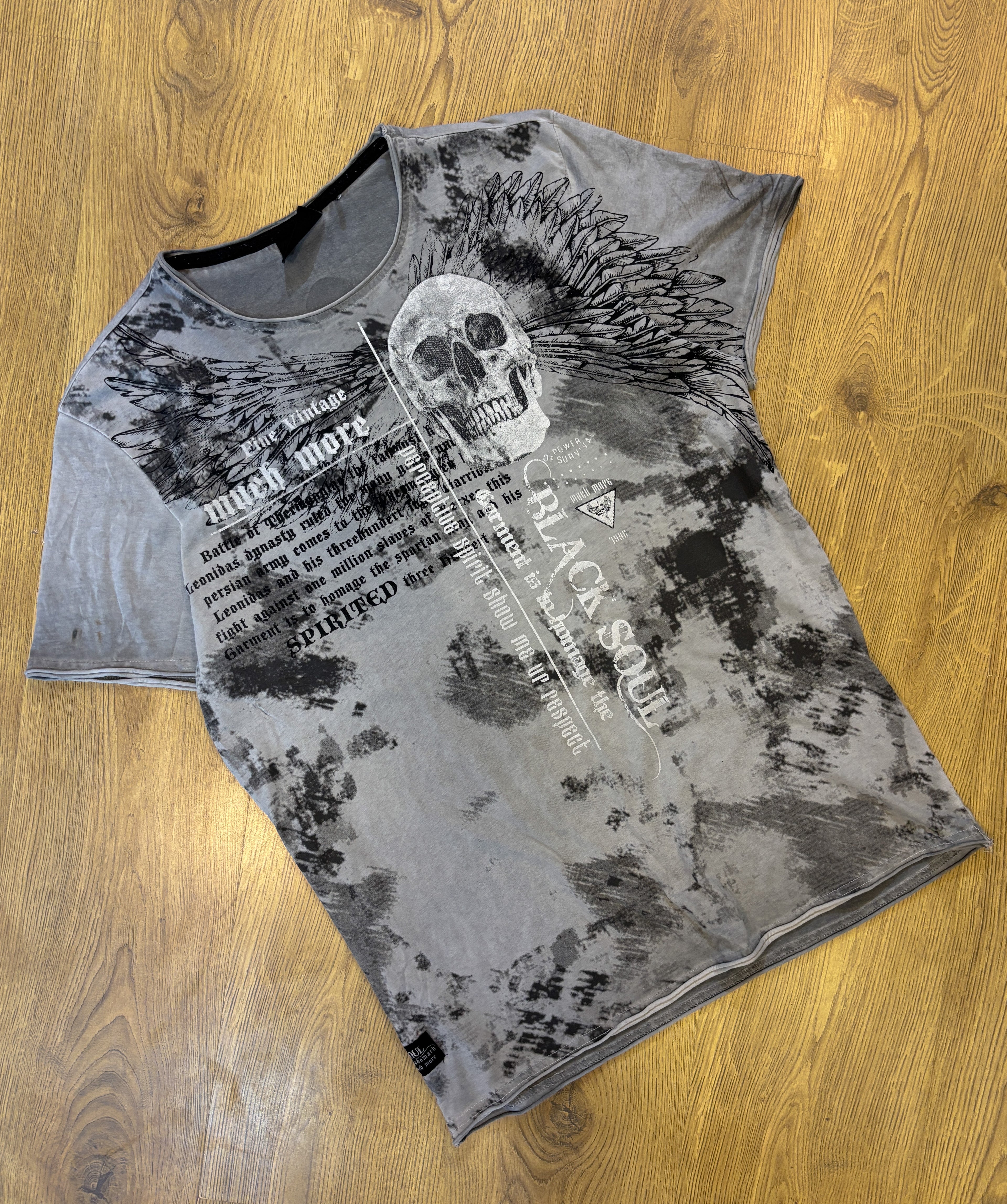 Much More Skull Printed Washed Grey Tee