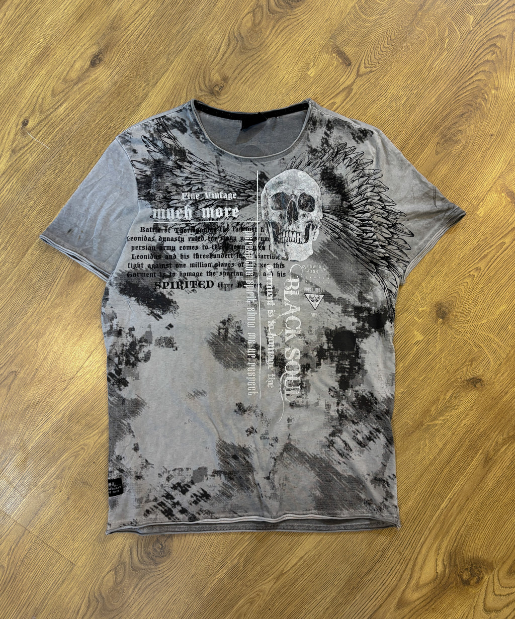 Much More Skull Printed Washed Grey Tee