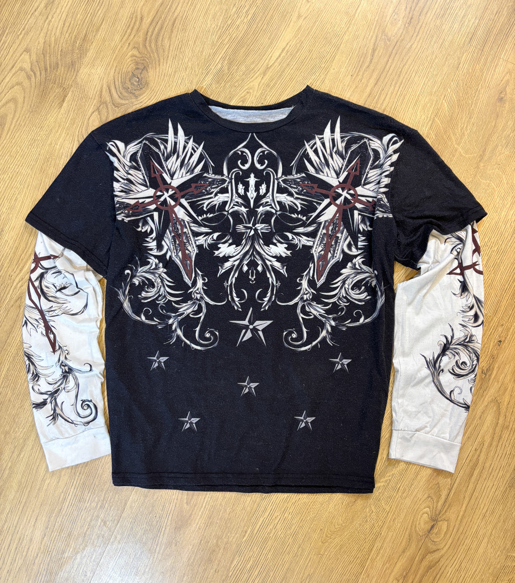 Doctor Sleeve Affliction Inspired Sleeve Printed Faded Black and White Star