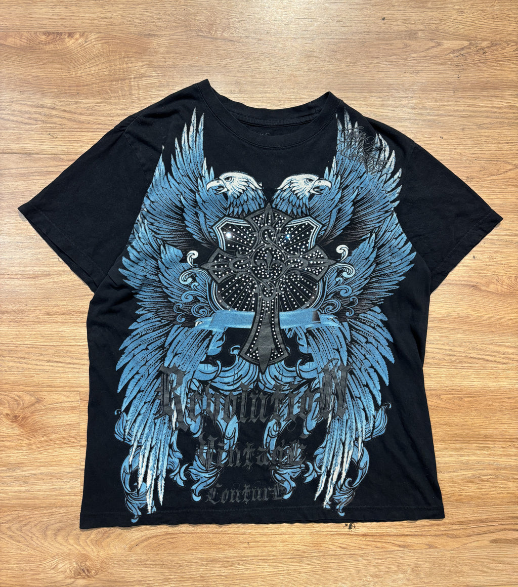 Revolution Vintage Couture Blue and Black Gothic Rhinestones Tee