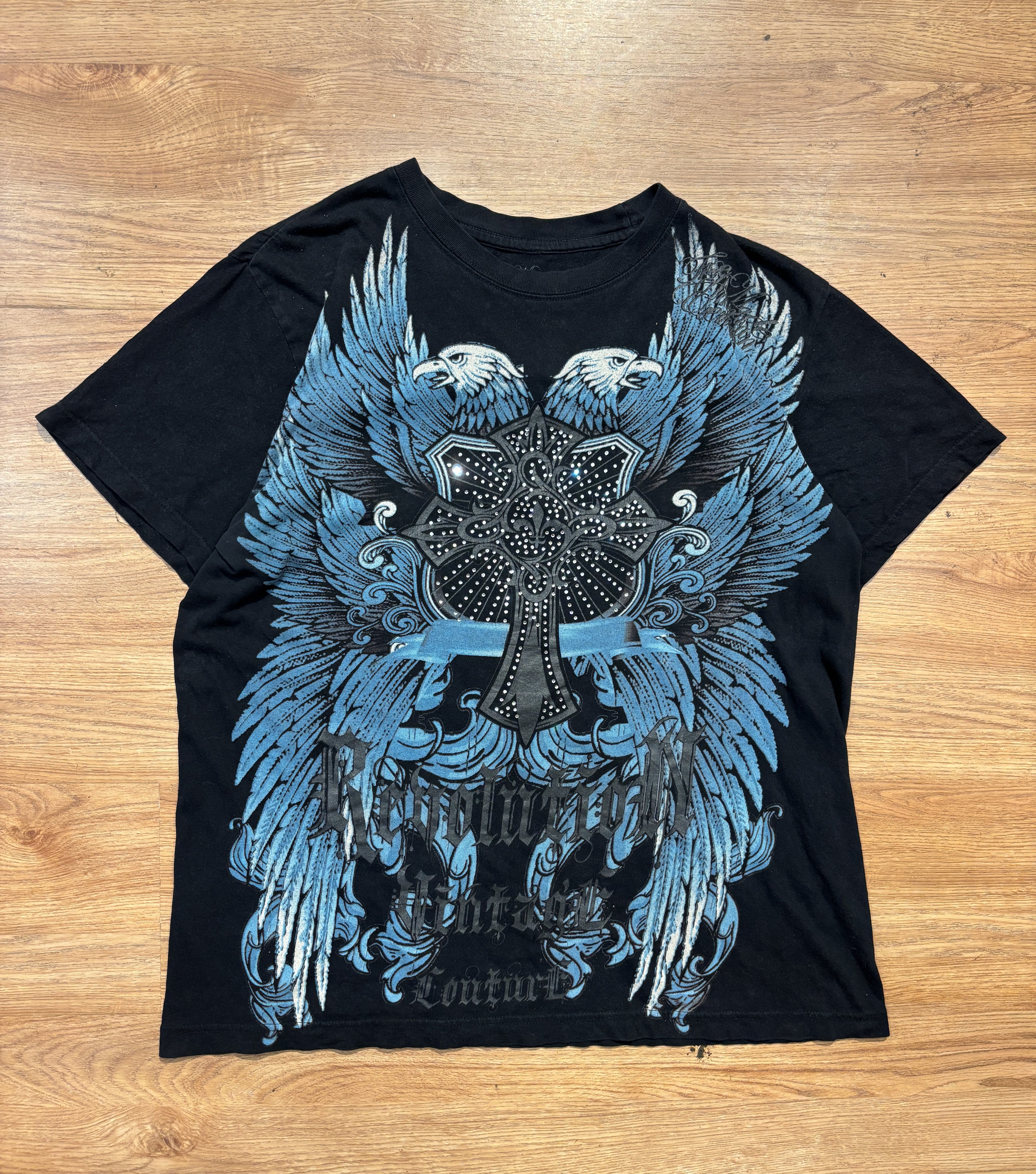 Revolution Vintage Couture Blue and Black Gothic Rhinestones Tee